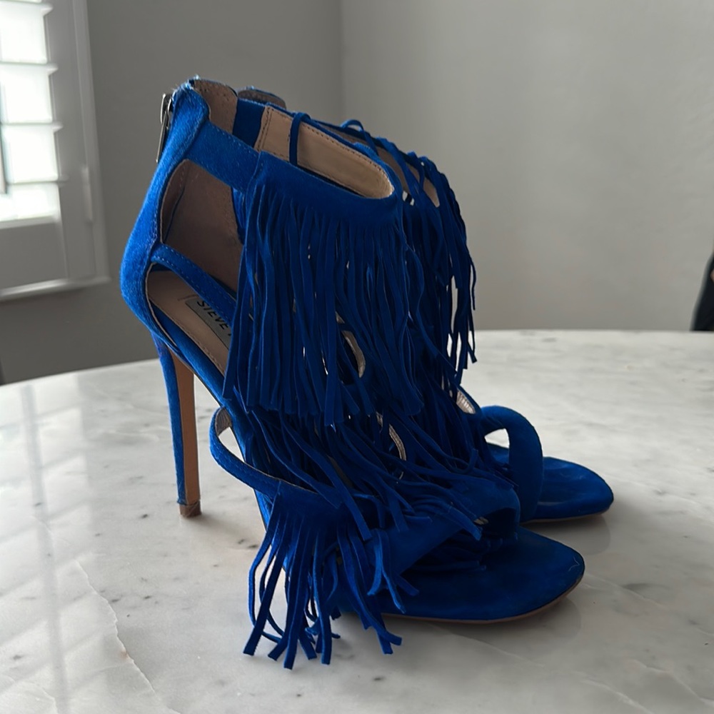 Electric blue fringe heels